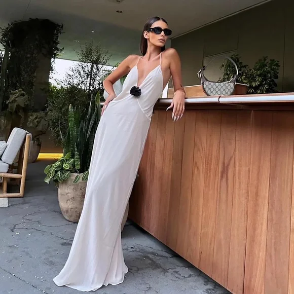 Revolve Helsa Sheer Deep V Long Slip Dress Cream Maxi with Rosette Flower Small - Picture 2 of 14